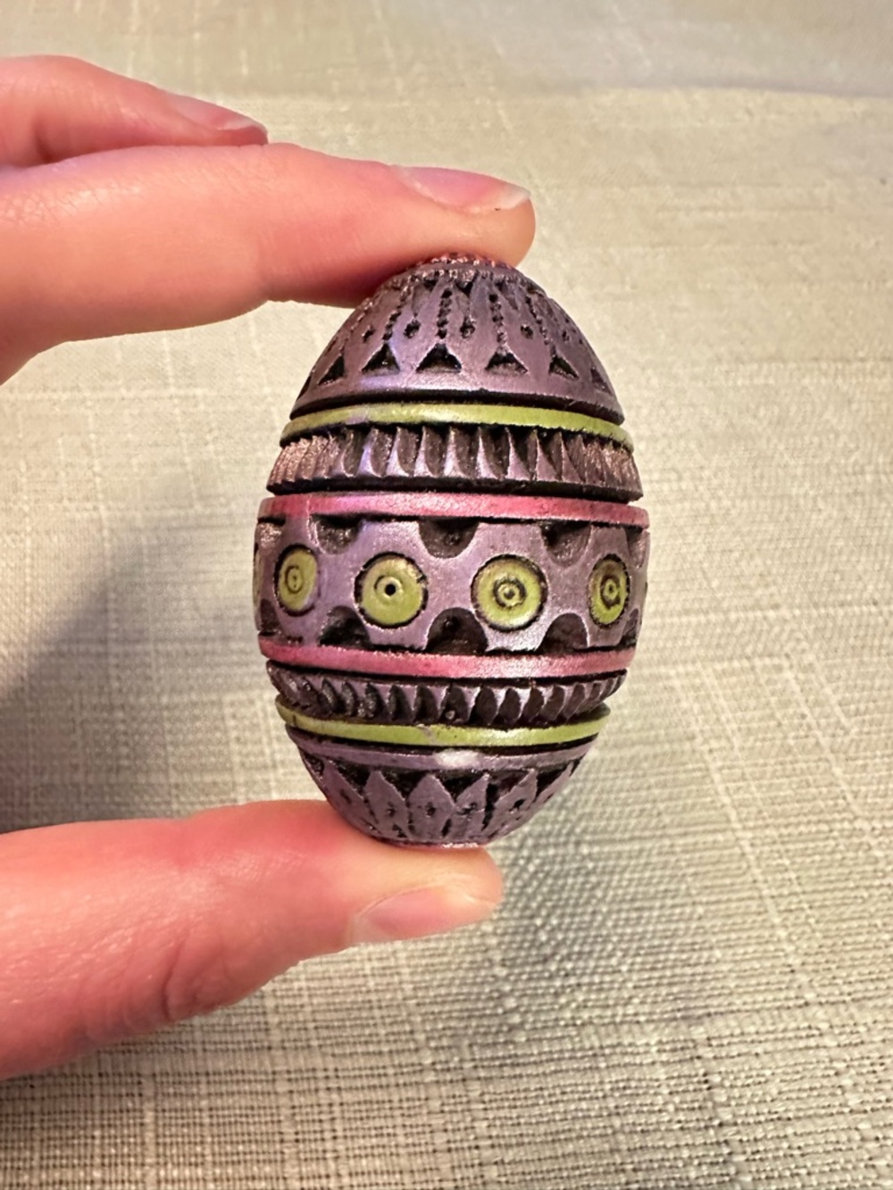 Carved Resin Egg Purple Green Boho Decor Hand Painted - Picture 3 of 6